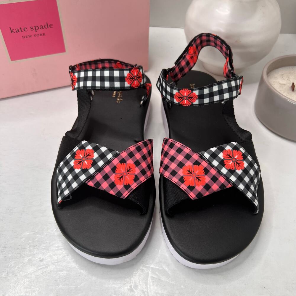 Kate Spade Dotty Gingham Jacquad Sandal Pink/White/Black K1800 Women's 8B NWB
